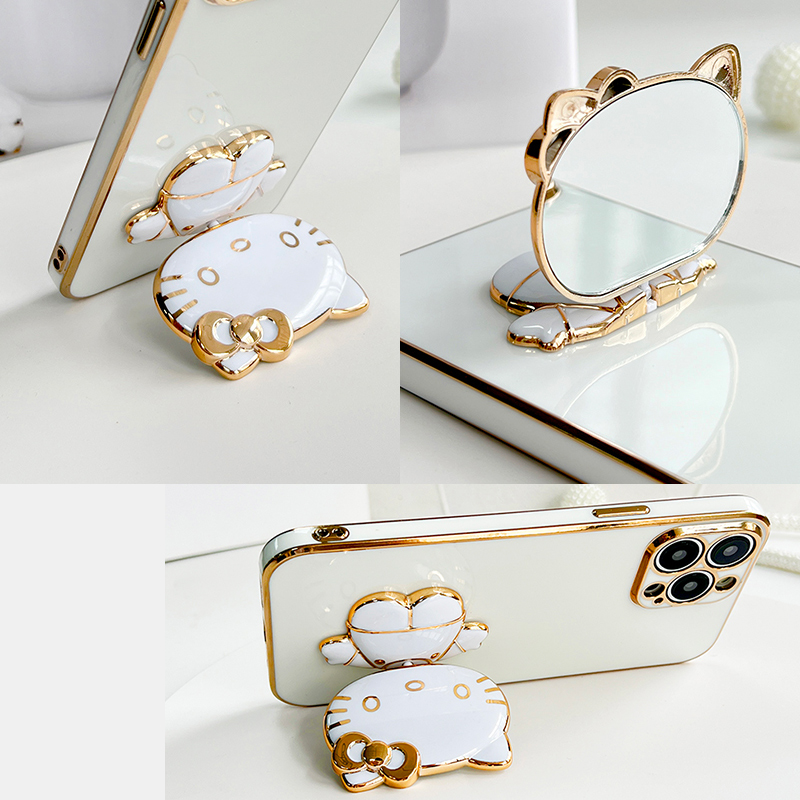 TA for iPhone 6 6S Back Cover Hello Kitty Mirror Folding Bracket Luxury 6D Plating Case Soft Silicone Square Phone Case for Girls. 