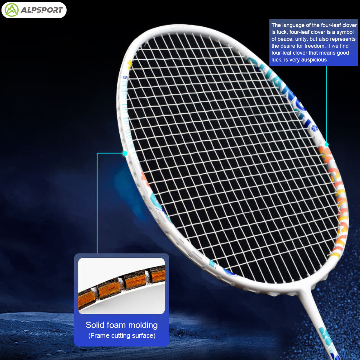 ALPSPORT 98K Solid shaft + Five Leaf Clover Ultra Offensive 84g 4u Racket Badminton Racket Raket Badminton Original Racquet Badminton White Rackets. 