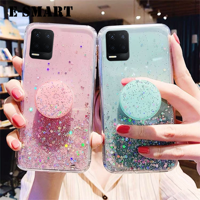 Phone case OPPO A54 Back cover Shiny Ring Glitter Soft Transparent Holder Stand Back cover with String Glitter Space Stars Moon OPPO A54 case. 