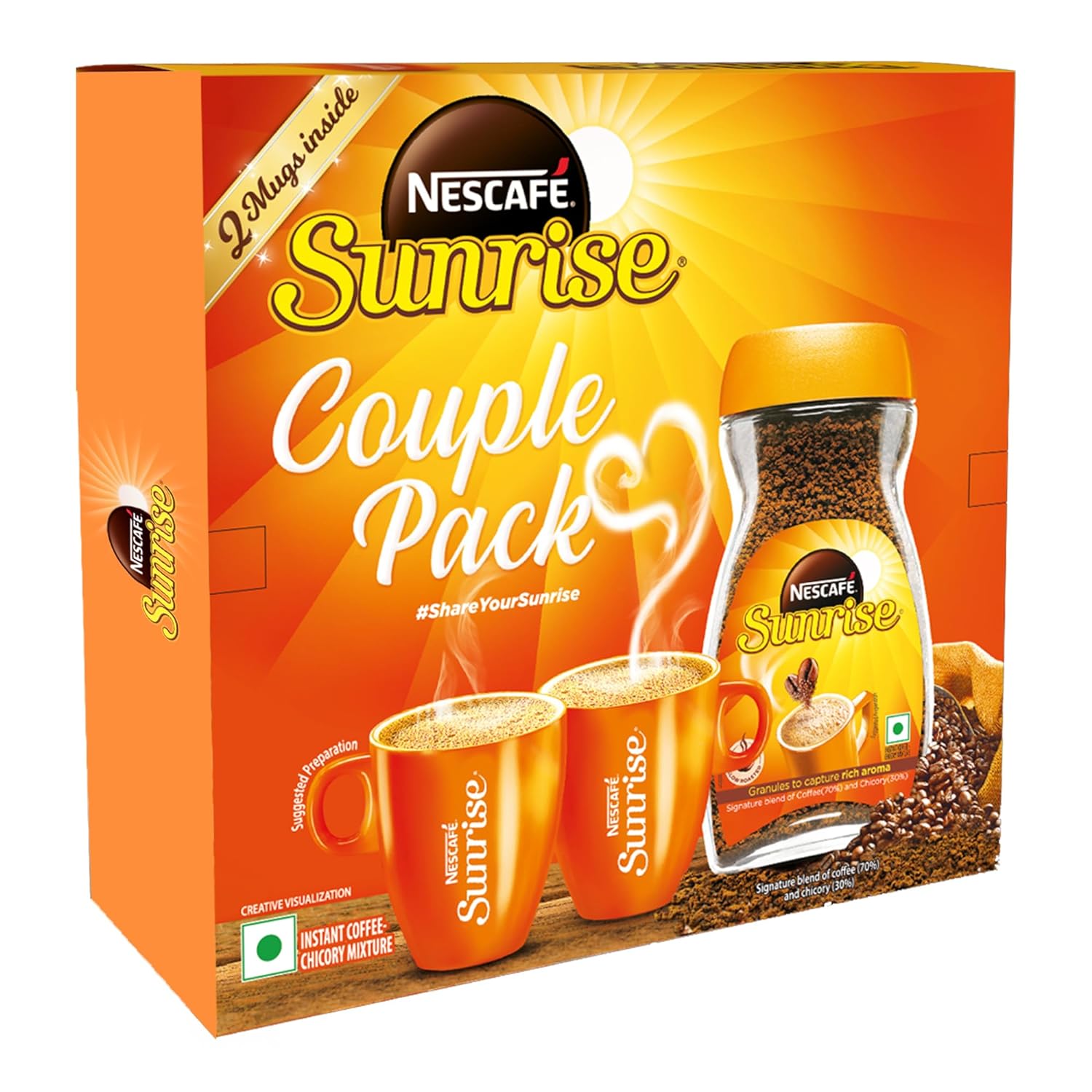NESCAFE SUNRISE Instant Coffee | Couple Pack with 2 Mugs Inside | Instant Coffee-Chicory Mix | Rich Taste & Aroma | 190g / 200g (Weight May Vary) (FROM INDIA) SAB