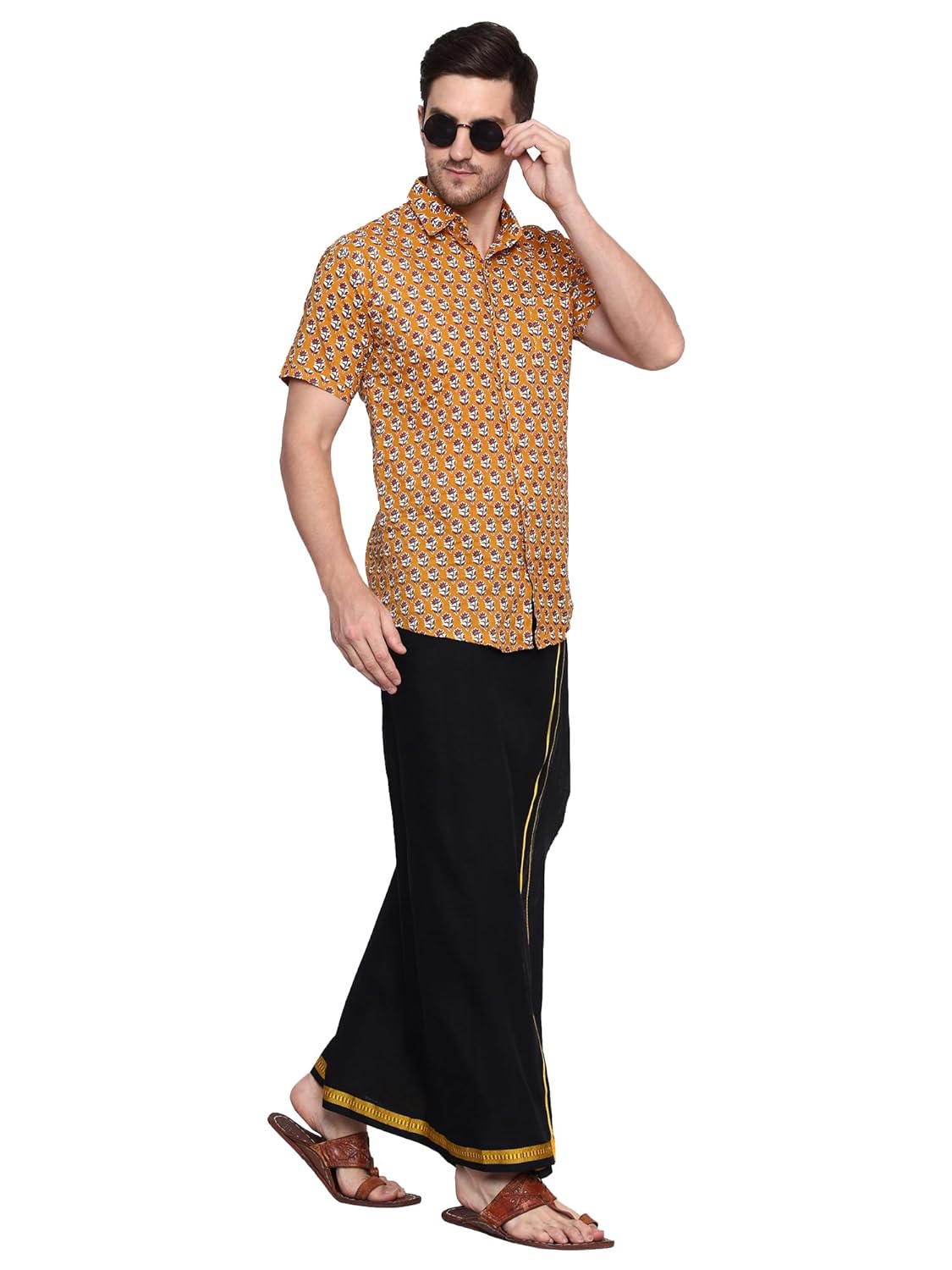 Gowri Tex Men's Cotton Colorful Lungi in Gold Zari Borders in Size 2 Mtrs Single Lungi- Pack Of 1  SAM. 