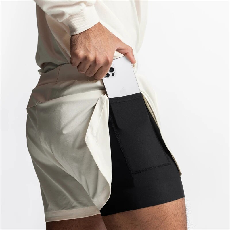New Summer Men's Shorts 2-In-1 Double-Layer Shorts Quick-Drying Breathable Stretch Fitness Pants Jogger Gym Running Shorts. 