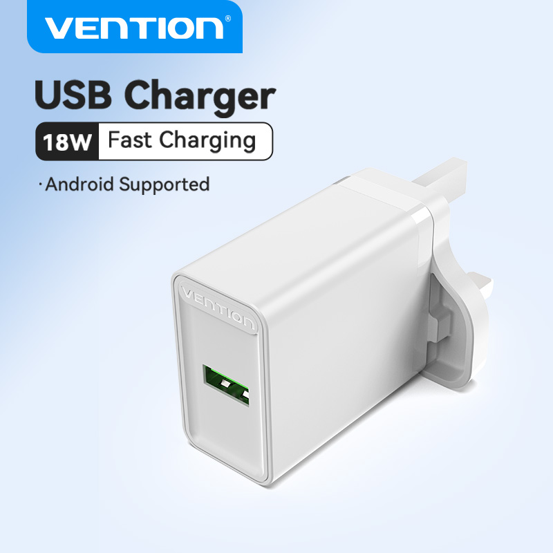 Vention USB Charger Fast Charging Quick 18W Fast Charge QC 3.0 USB Android Fast Charger for Huawei, Redmi Note 10 Pro, Xiaomi Poco X3 NFC, SAMSUNG S20, Realme 6 Pro Wall Charger