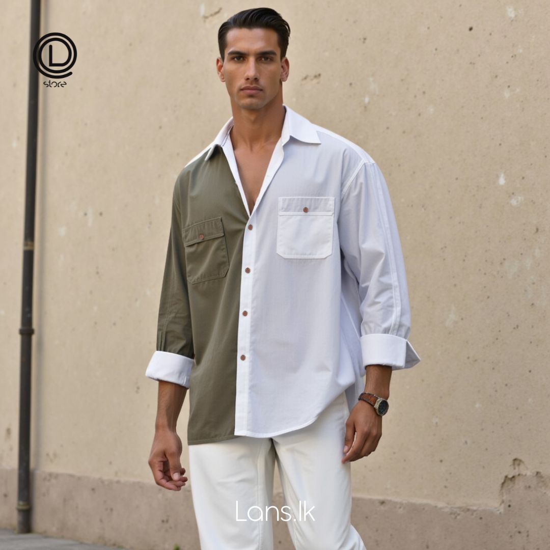 Lans Men's Oversized Patchwork Cuban Collar Shirt – Trendy Contrast Design, Casual Long Sleeve Wear (XS to 3XL)