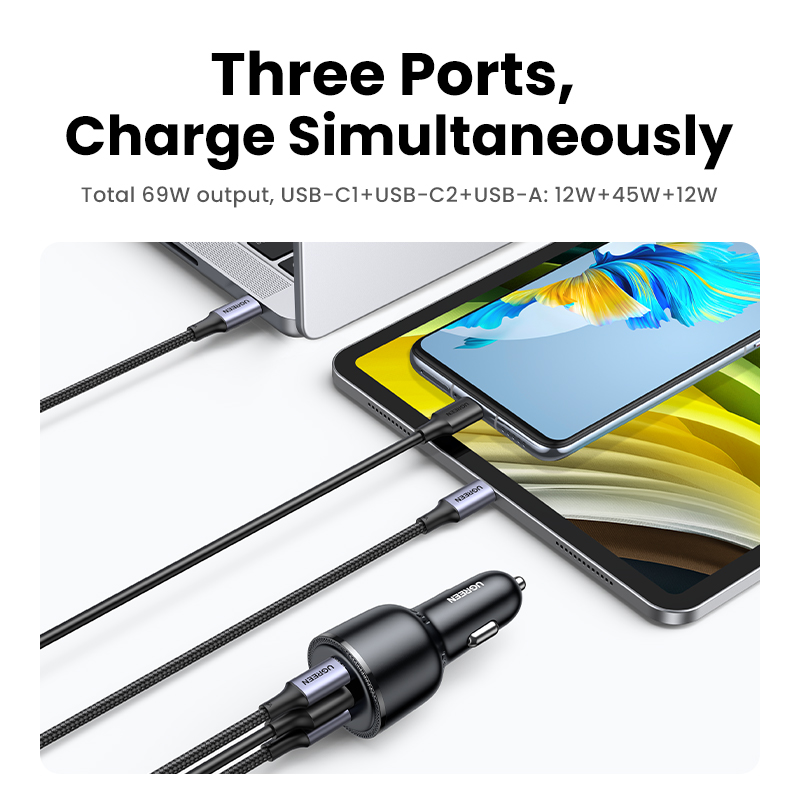 UGREEN PD 69W Super Car Charger Type C USB A for iPhone 15 pro max 14 Pro max Huawei SAMSUNG S24 S23 S22 Realme Fast Car Charger. 