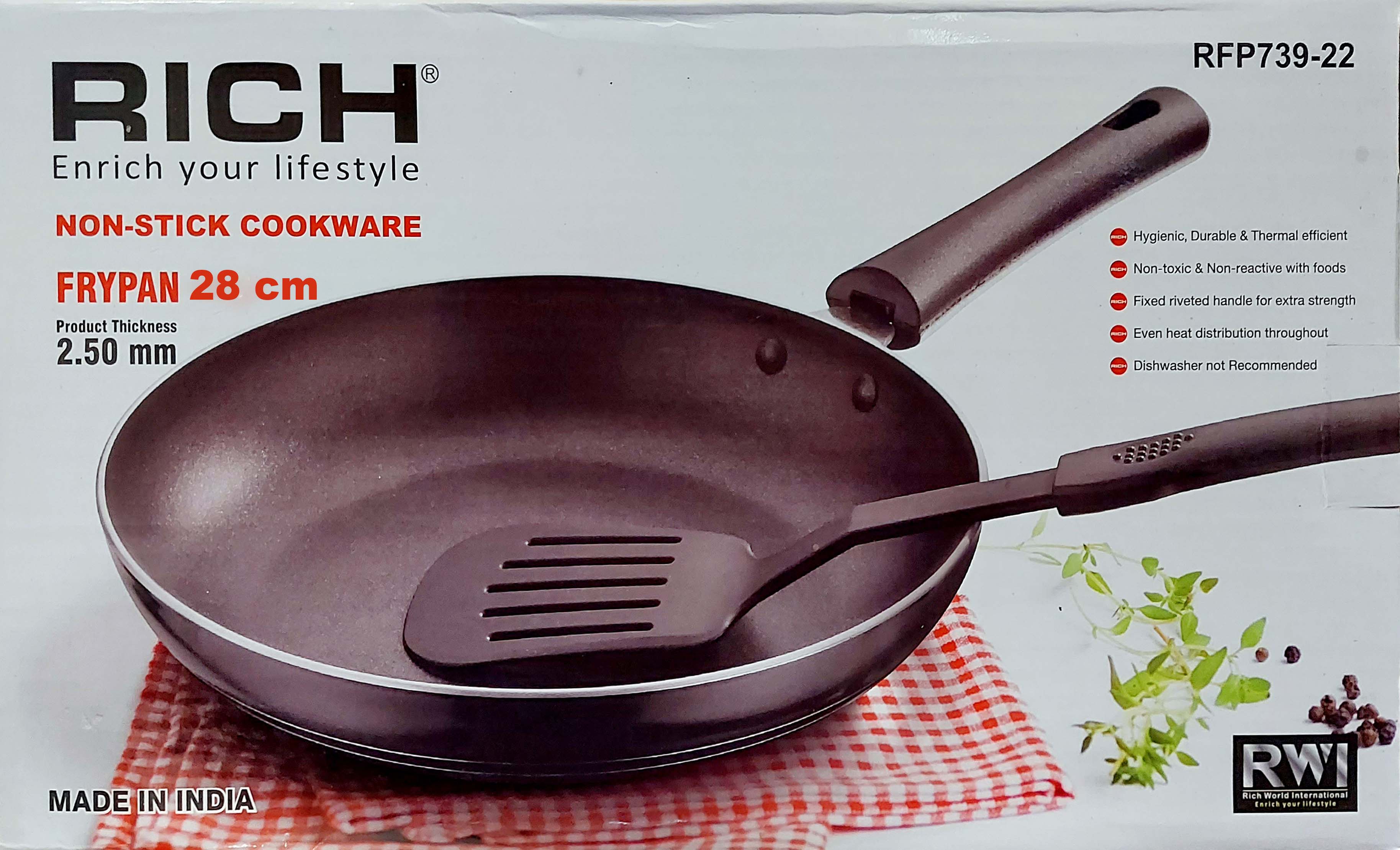Rich Non Stick Tapper Pan Frypan 2.5mm Thickness with Free Nylon Spoon 20, 22, 24, 26, 28cm (Made in India). 