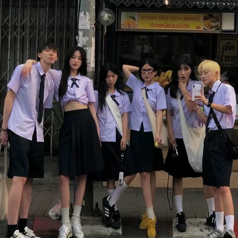 Thailand Thai School Uniform Short-Sleeved Shirt for Women jk Uniform College Style High School Student Summer Sports Meeting Graduation Business Attire. 