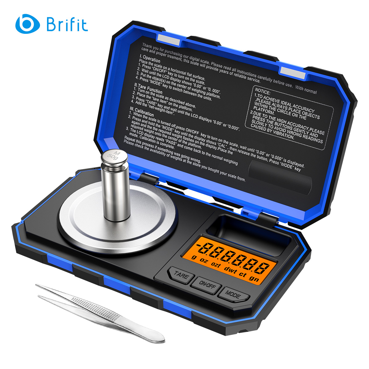 【ZOSR】Brifit 0.001g/50g Digital Pocket Scale, 0.001g Division Precision Mini Food Scales, Portable Mini Jewelry Scale with Calibration Weights, Tweezers, , Tare Function, for Jewelry, Experiment,with 50g Calibration Weight and Tweezers