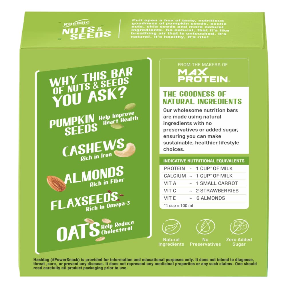 RiteBite Max Protein Nuts & Seeds Low Calorie Vegan Granola Snack Bar with Flax Seeds, Pumpkin Seeds 420g - Pack of 12 (FROM INDIA) SAB. 