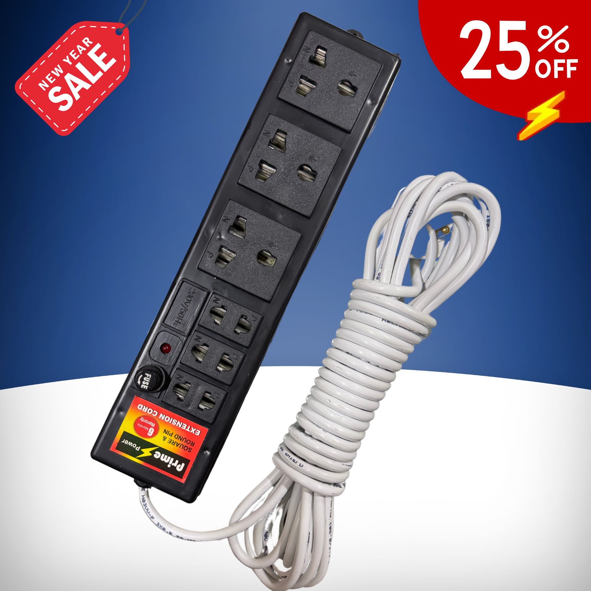 Prime Power Multi Plug Power Extension Cord High Grade Multi Functional Power Cord Socket Round Pin Made in Sri Lanka | 6 Months Warranty | 2 M, 3.5 M, 5 M, 7 M, 10 M Long Cable. 