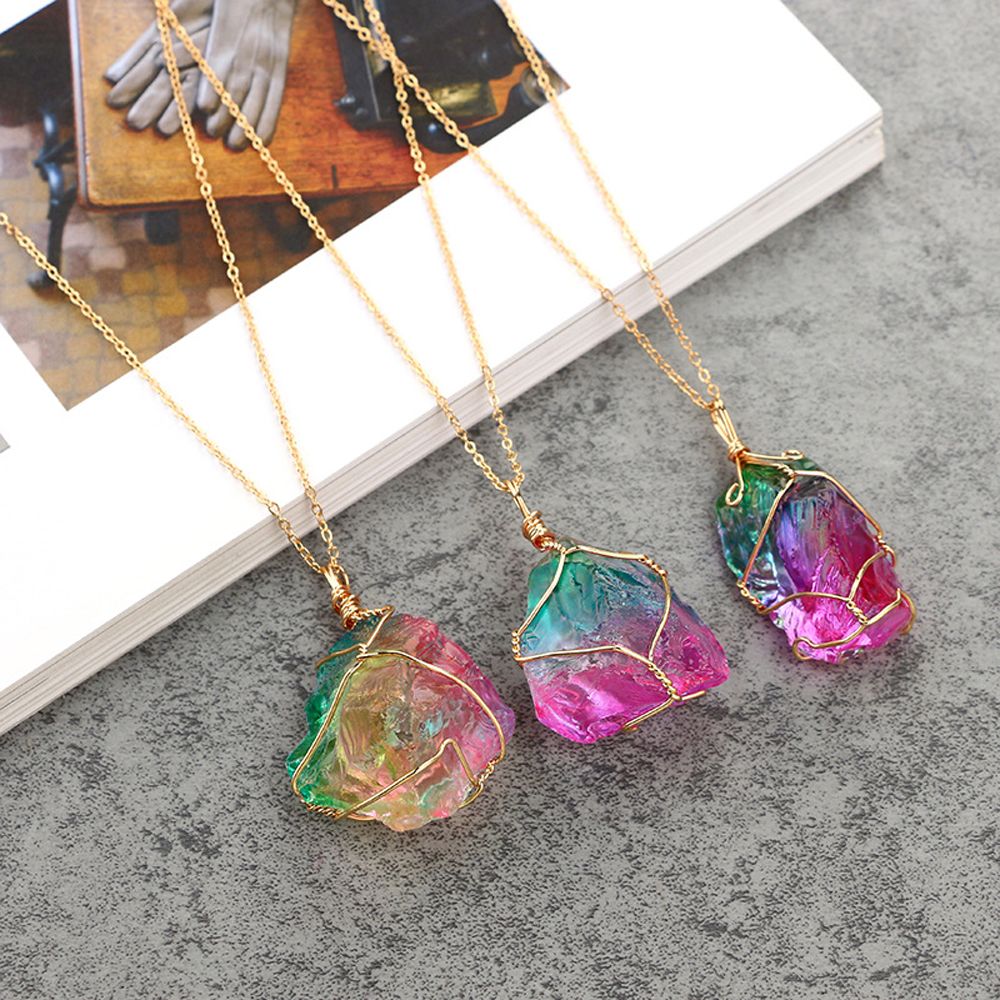 New Style Rainbow Stone Necklace Irregular Wrap Wire Natural Gem Crystal Chakra Rock Pendant Necklace Men Women Reiki Jewelry. 