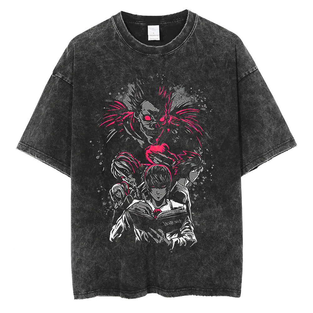 Summer Men Vintage Washed Black T Shirt Streetwear Death Note Anime Graphic Harajuku Hip Hop Oversized Tshirt Cotton Tops Tee