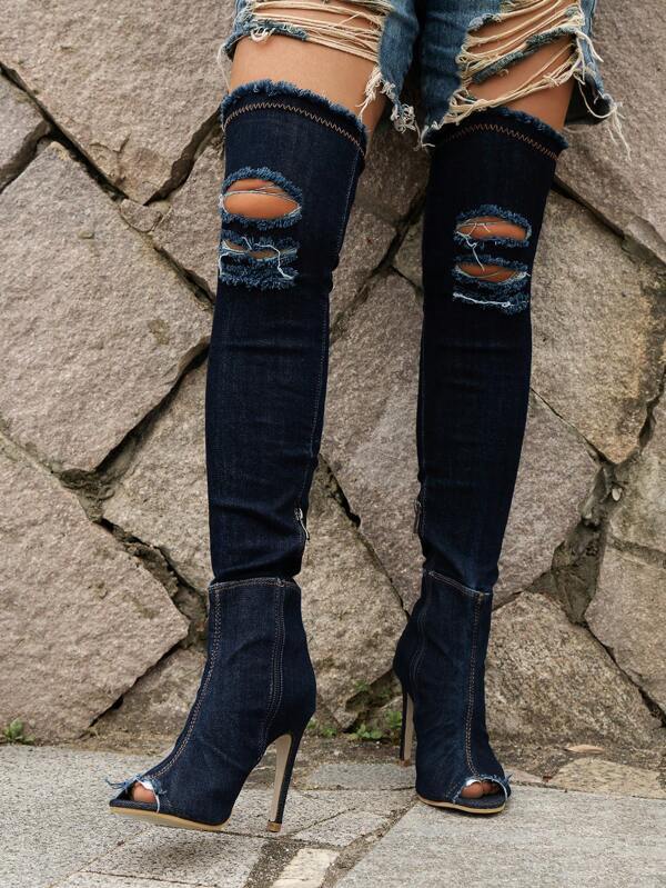 Denim peep toe thigh high clearance boots