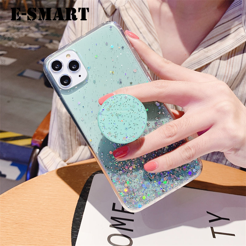 Phone case OPPO A54 Back cover Shiny Ring Glitter Soft Transparent Holder Stand Back cover with String Glitter Space Stars Moon OPPO A54 case. 