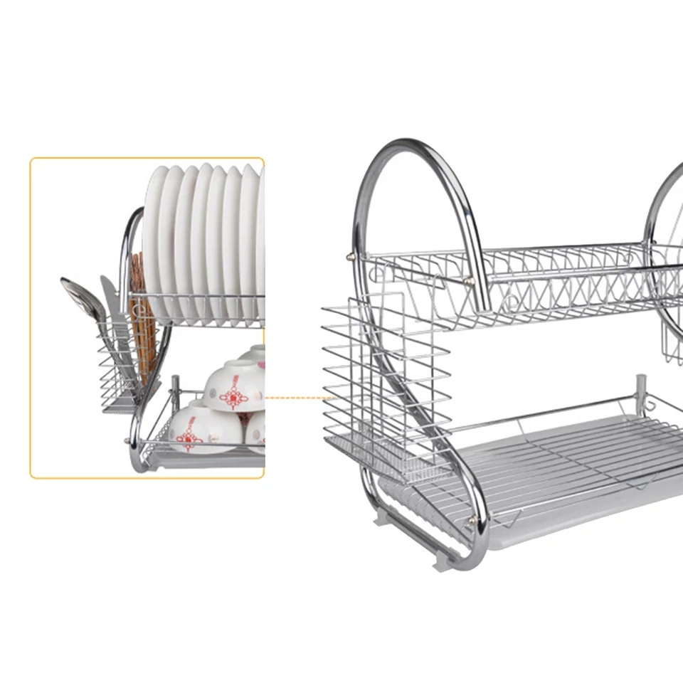 Dish Rack Cup Plate Drainer Strainer Stainless Steel Kitchen Drainer with Glass Holder - Silver Large Dish Drying Rack Cup Drainer 2-Tier Strainer Holder Tray Stainless Steel Kitchen Accessories. 