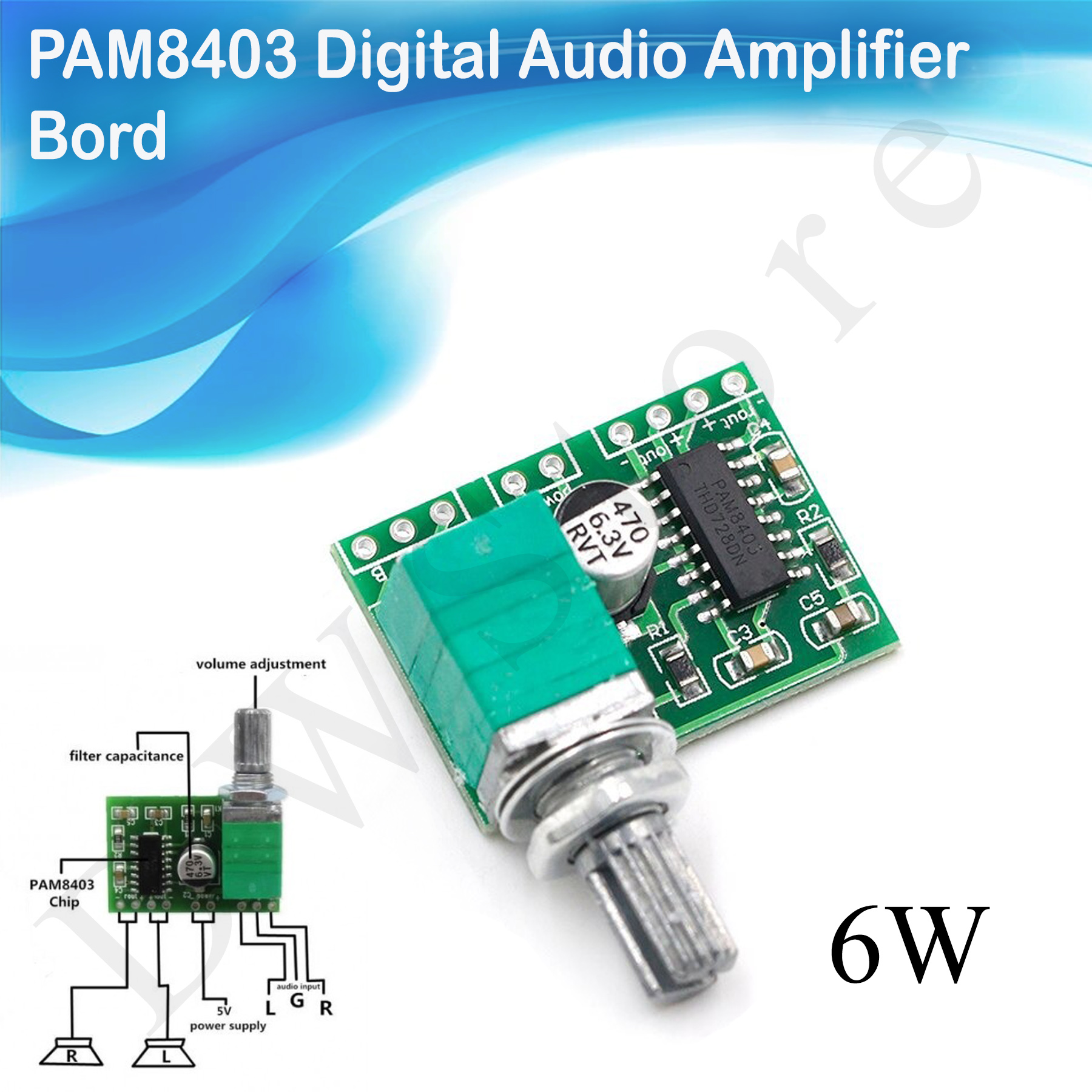 PAM8403 2x3W Audio Mini Digital Stereo Power Amplifier Board 5V Power Audio Class D Amplifier Module With Volume Control 1Pcs. 