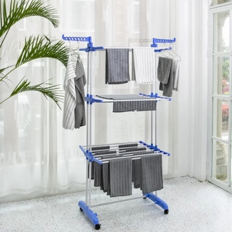 Three Layers Clothes RackCloth Drier Rack Clothes Drying Rack,4-Tier Foldable Clothes Hanger Adjustable Large Stainless Steel Garment Laundry Racks for Indoor Outdoor. 