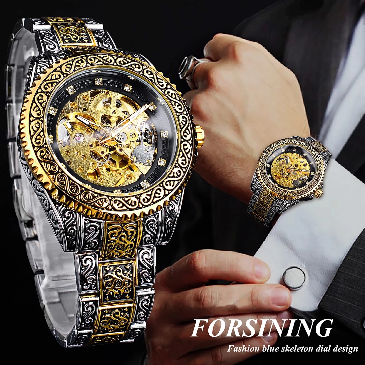 Forsining brand fashionable business waterproof stainless steel strap automatic mechanical men's watch. 