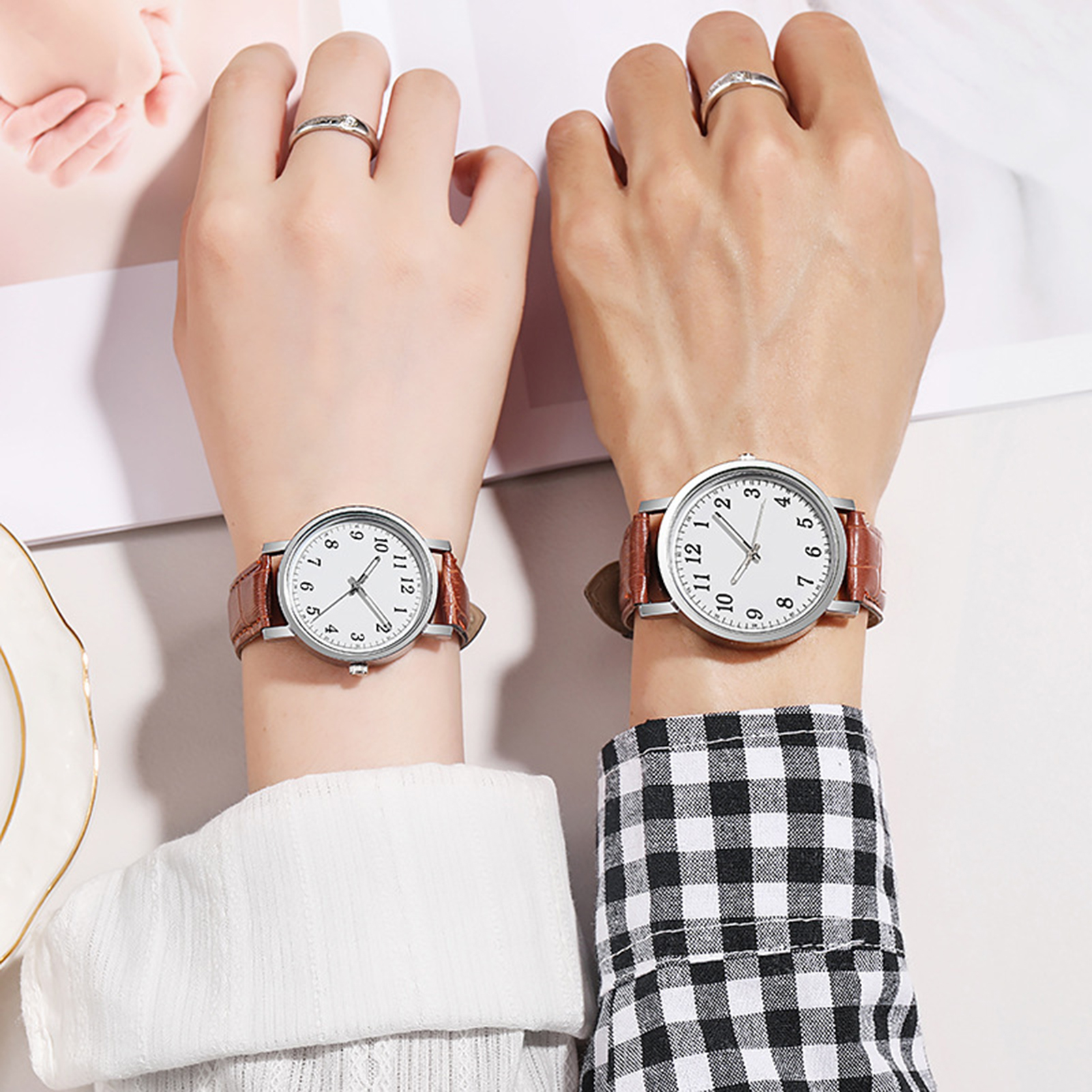 Couple Watch Round Battery Operated Faux Leather Strap Elegant 3-Hand Birthday Gift Adjustable Men Women Quartz Wrist Watch Fashion Jewelry. 