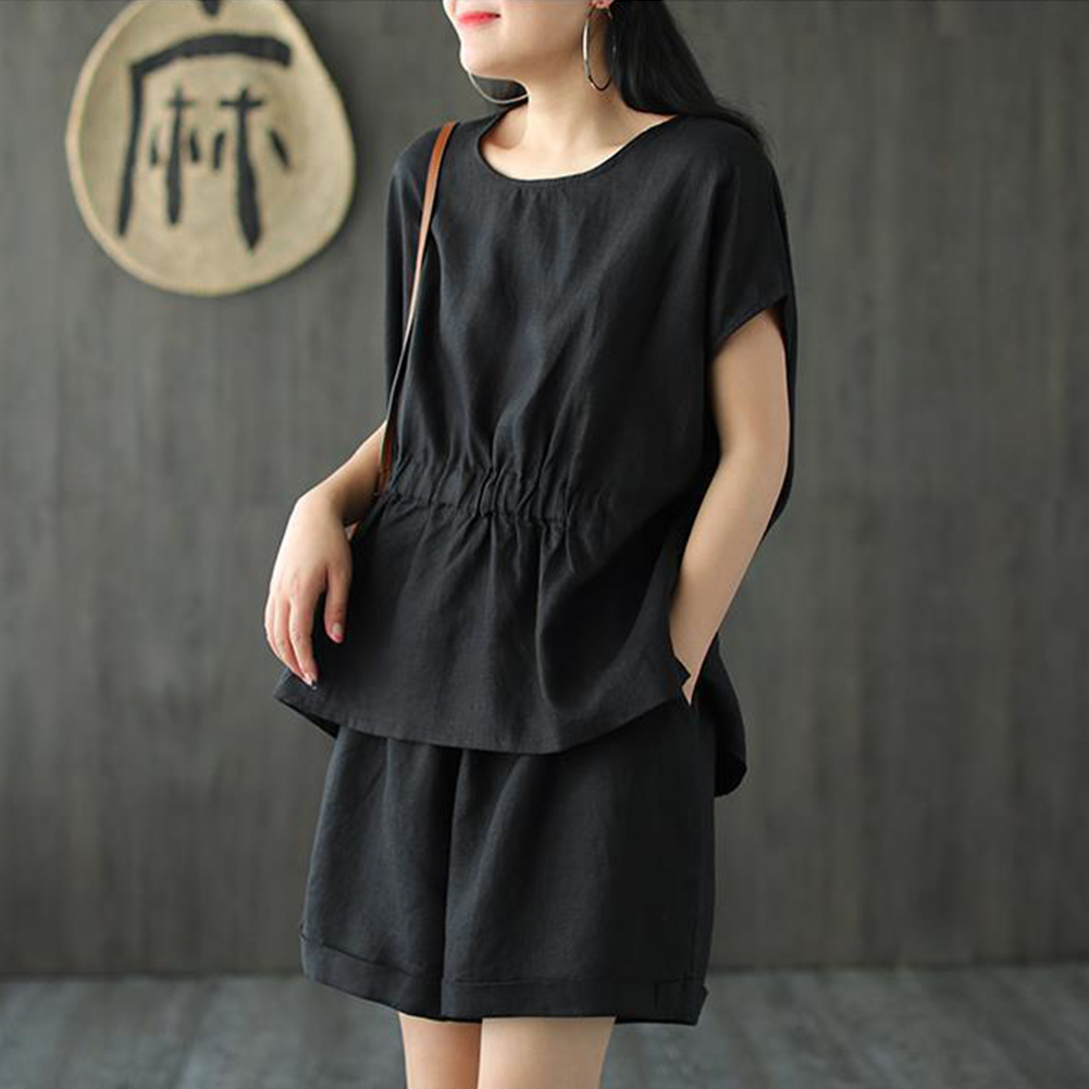 bellylady 2pcs/set Women Cotton Linen Short Sleeve T-shirt +short Pants Classic Round Neck Solid Color Loose Elastic Waist Casual Short  Sets. 