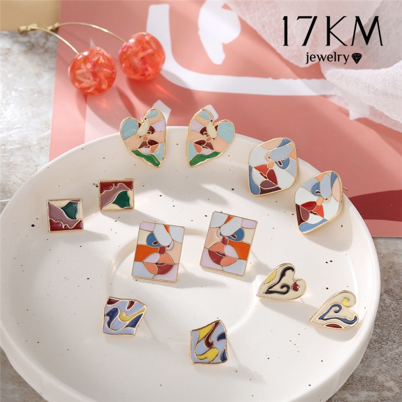 【happy one】17KM Geometric Sqaure Candy Color Face Stud For Women Creative Tiny Small Contrast Drip Jewelry. 