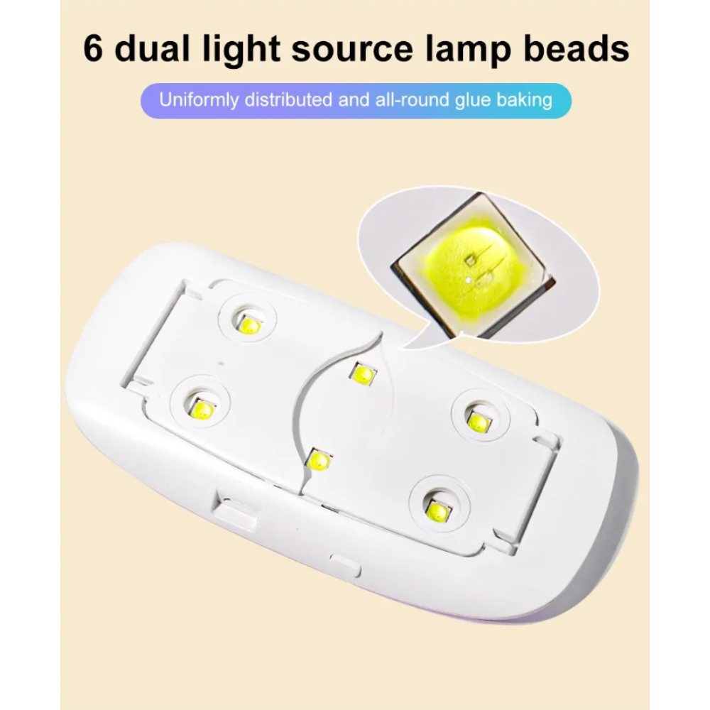 6W Mini Nail Dryer - Portable Machine with 6 LED UV Lights for Manicures. 