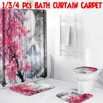 1//3//4PCS Sakura Snow Mountain Bathroom Shower Curtain Toilet Cover Mat Non-Slip