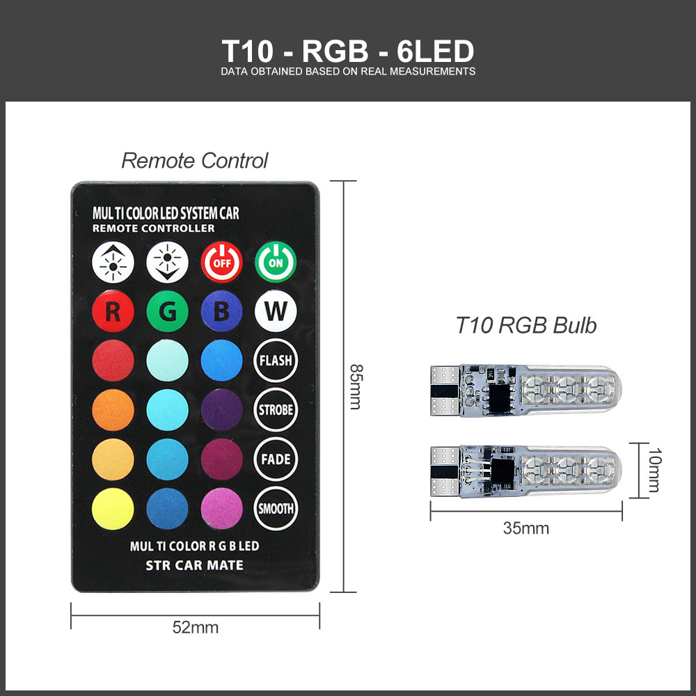 RGB T10 Colorful 12V Parking LED Multi-mode Color Changing COB Burst Flashing Wedge Auto Light Car Interior Decorative Lights with Remort Control. 