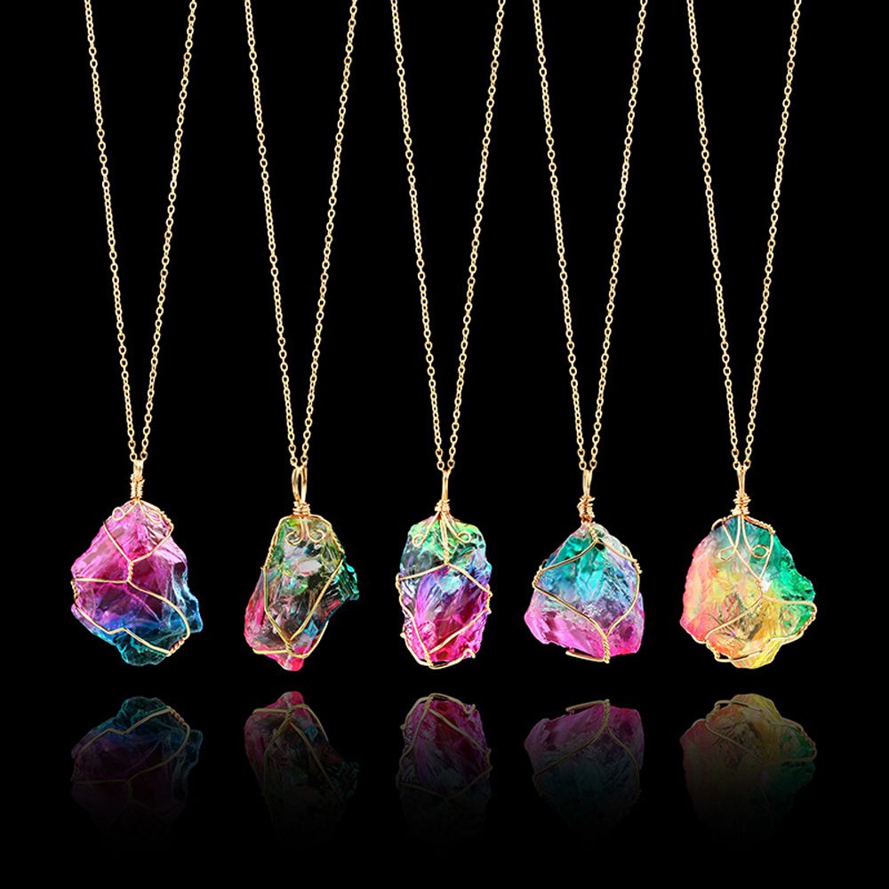 New Style Rainbow Stone Necklace Irregular Wrap Wire Natural Gem Crystal Chakra Rock Pendant Necklace Men Women Reiki Jewelry. 