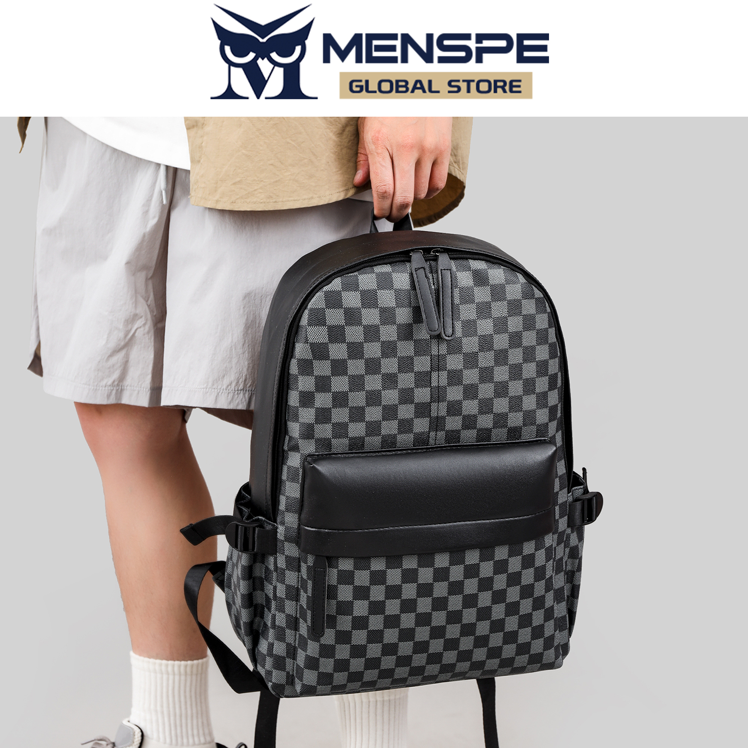 MENSPE Fashion Men’s Backpack Laptop Backpack Soft PU Backpack Business Travel Bag Waterproof Backpack Grid Pattern Design College Commuting Backpack Leisure School Bag For Travel Study Business. 