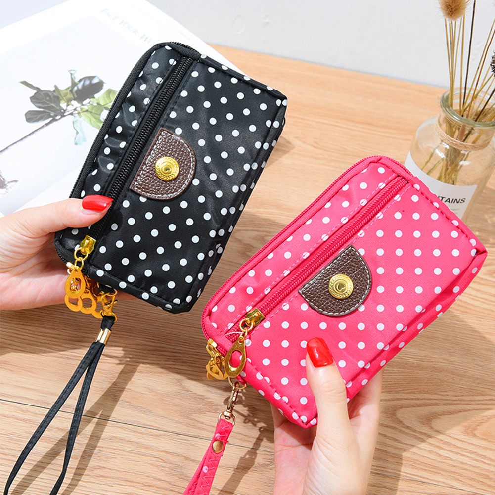Yfashion women canvas handbag 3 layers zipper dot printing wallet color mobile phone case. 