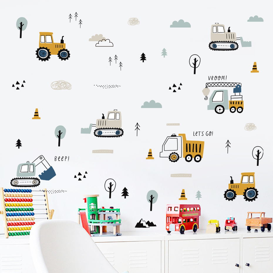 Cartoon Cute Urban build Car Watercolor Nursery Stickers Removable Wall Decals Art Print Kids Boys Room Interior Home Decor. 