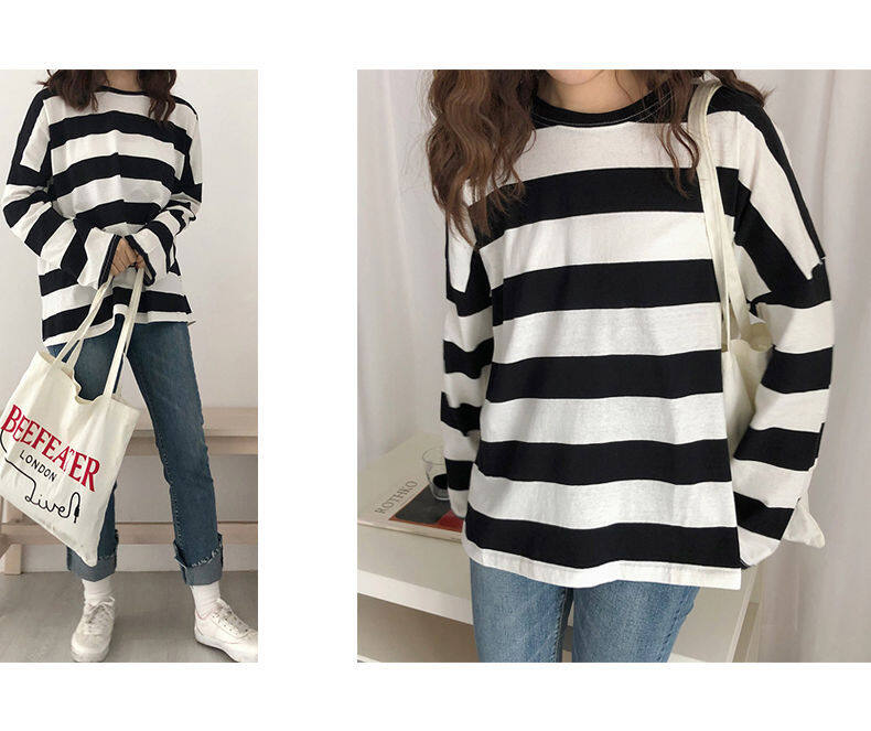 [LazChoice]VIRENE Korean Fashion Plus Size Striped Shirt Fashion Casual Loose Tops Long 1 Sleeve T-shirt Baju Lengan Panjang Pemborong Baju 221104 - Virene Collection. 