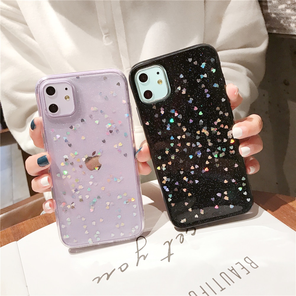 【ThinkWay】Bling Glitter Case For Apple iPhone 6 S 6s 7 8 Plus 11 Pro X XR XS Max Star Heart Sparkle Sequins Soft Clear Silicone TPU Cover. 
