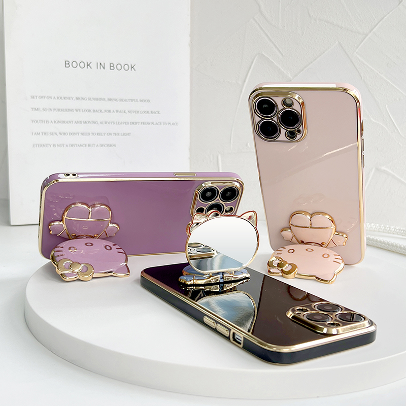 TA for iPhone 6 6S Back Cover Hello Kitty Mirror Folding Bracket Luxury 6D Plating Case Soft Silicone Square Phone Case for Girls