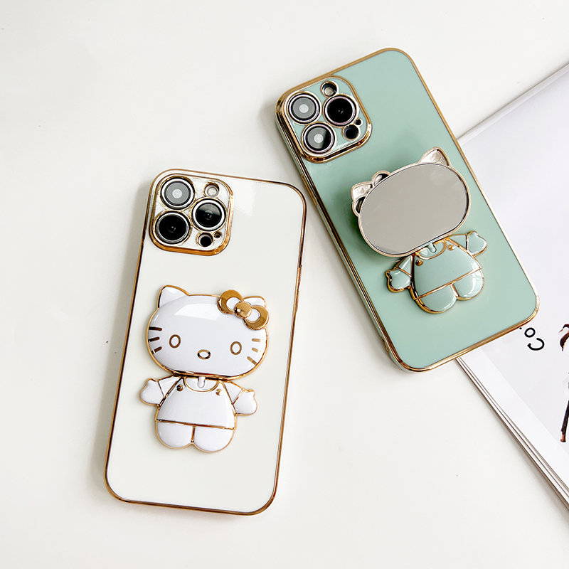TA for iPhone 6 6S Back Cover Hello Kitty Mirror Folding Bracket Luxury 6D Plating Case Soft Silicone Square Phone Case for Girls. 