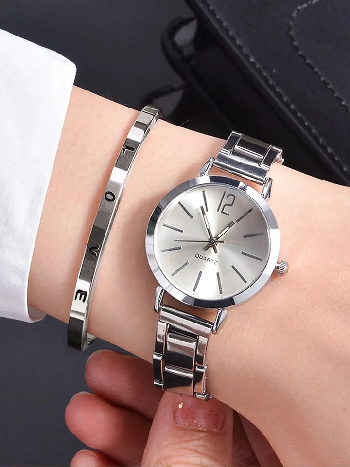 no box】 Silver Watch For Women/Girl Luxury Leather Analog Ladies