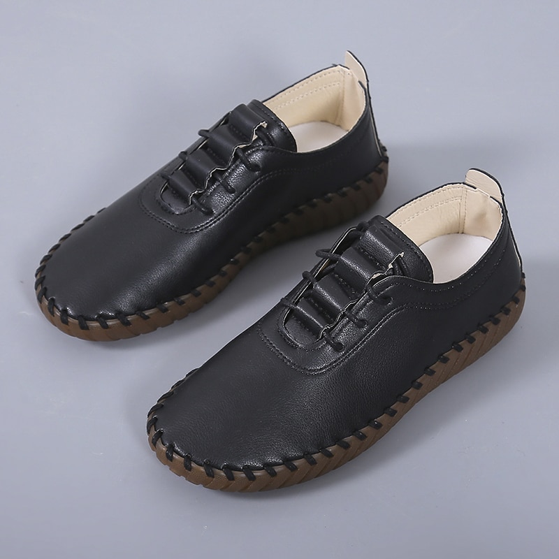 【ALLGOOD】Spring Women Flat Shoes  Handmade Sewing   Cow-muscle Soft Bottom Daily  Up Women Casual Shoes. 