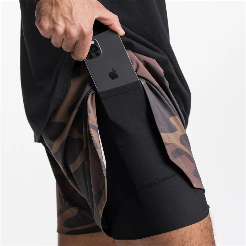 New Summer Men's Shorts 2-In-1 Double-Layer Shorts Quick-Drying Breathable Stretch Fitness Pants Jogger Gym Running Shorts. 
