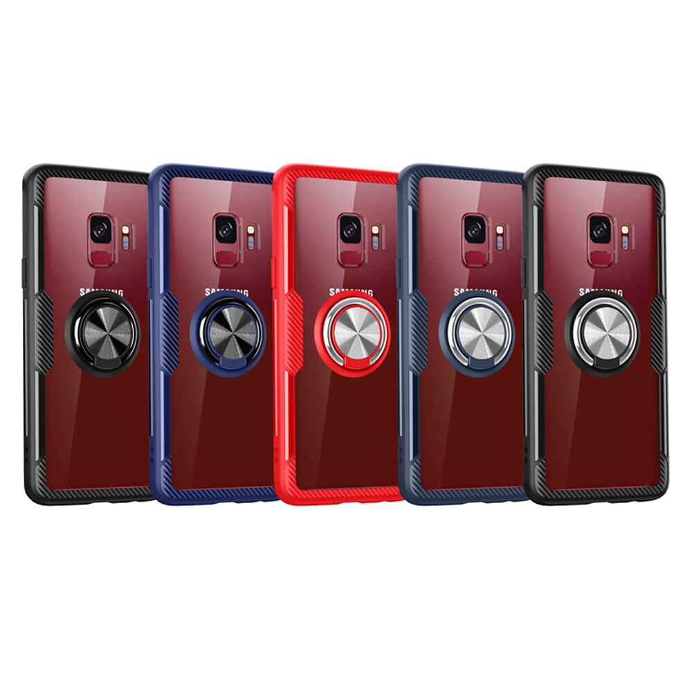 lthmy for Samsung Galaxy S9 Carbon Fiber Design Clear Crystal Case with 360 Degree Rotation Finger Ring Holder (Compatible with Magnetic Car Mount). 