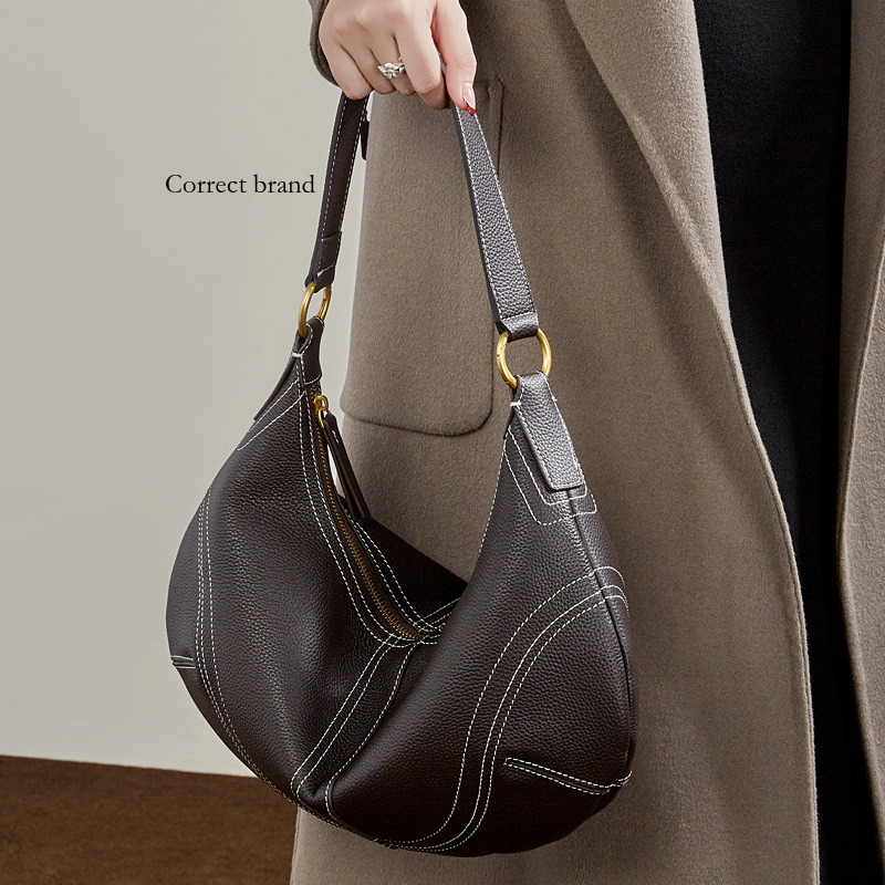 Designer Large Capacity Top Layer Cowhide Underarm Genuine Leather Lazy Style Designer Dumpling Handbag Fashion Casual Horn Bag_voghion.com