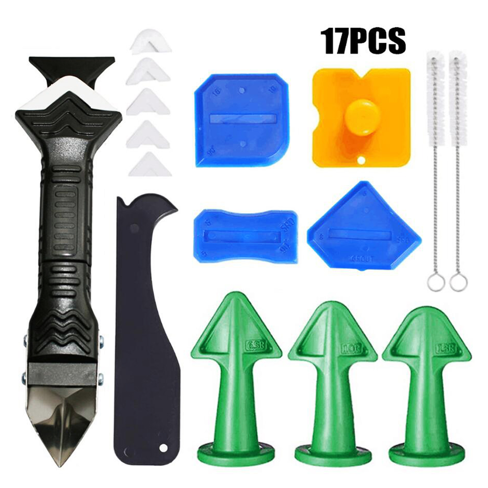 KOGEEK 17 PCS Caulk Remover Tools 3 in 1 Metal Scraper with 6 Silicone Pads Grout Angle Scrapers Caulking Nozzle Applicator Cleaning Brush Sealant Finishing Tools for Kitchen Bathroom Window Sink Tile. 