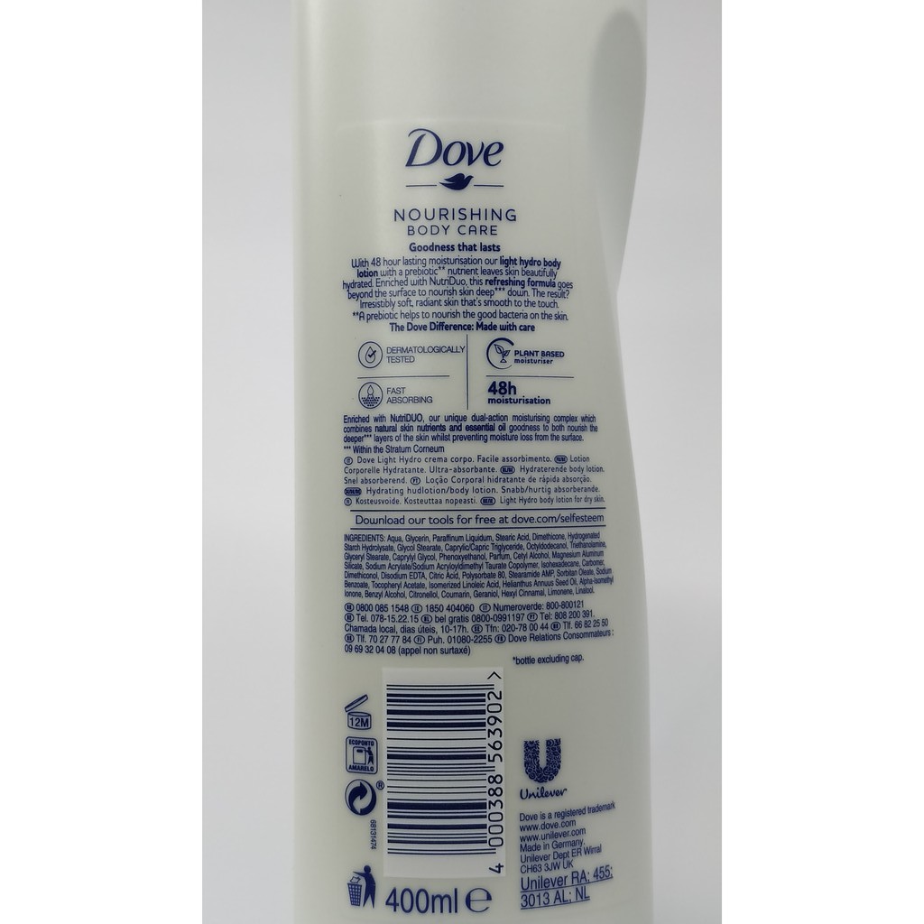 DOVE Nourishing Body Care Light Hydro or LIGHT CARE Body Lotion Refreshing 48H for Normal Skin 400ml (Dlhr). 