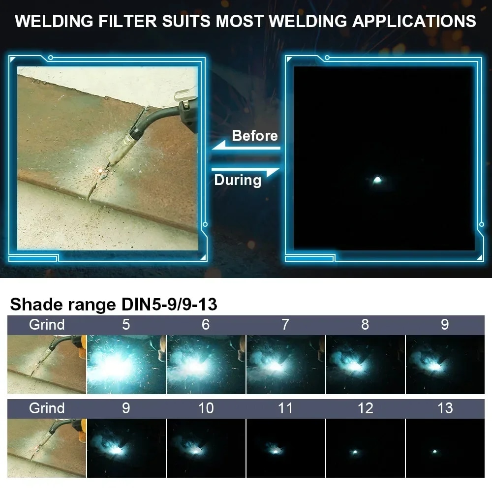 Helmet visor 100*97mm Welder Mask Large View Auto Darkening Welding Helmet True Color DIN4/5-9/9-13 1/1/1/2 Upgrade Helms for Grinder Cutting. 