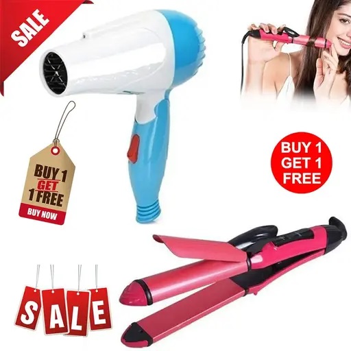 COMBO OFFER - Nova Hair Dryer + Nova 2 in 1 Hair Straightener & Curler Set - 1000W Professional Foldable Hair Dryer + Hair Straightner & Curling Beauty Tool Iron Straight Curl Dry For Women Ladies Girls NV-658 NV-1290 NV-838 NV-876