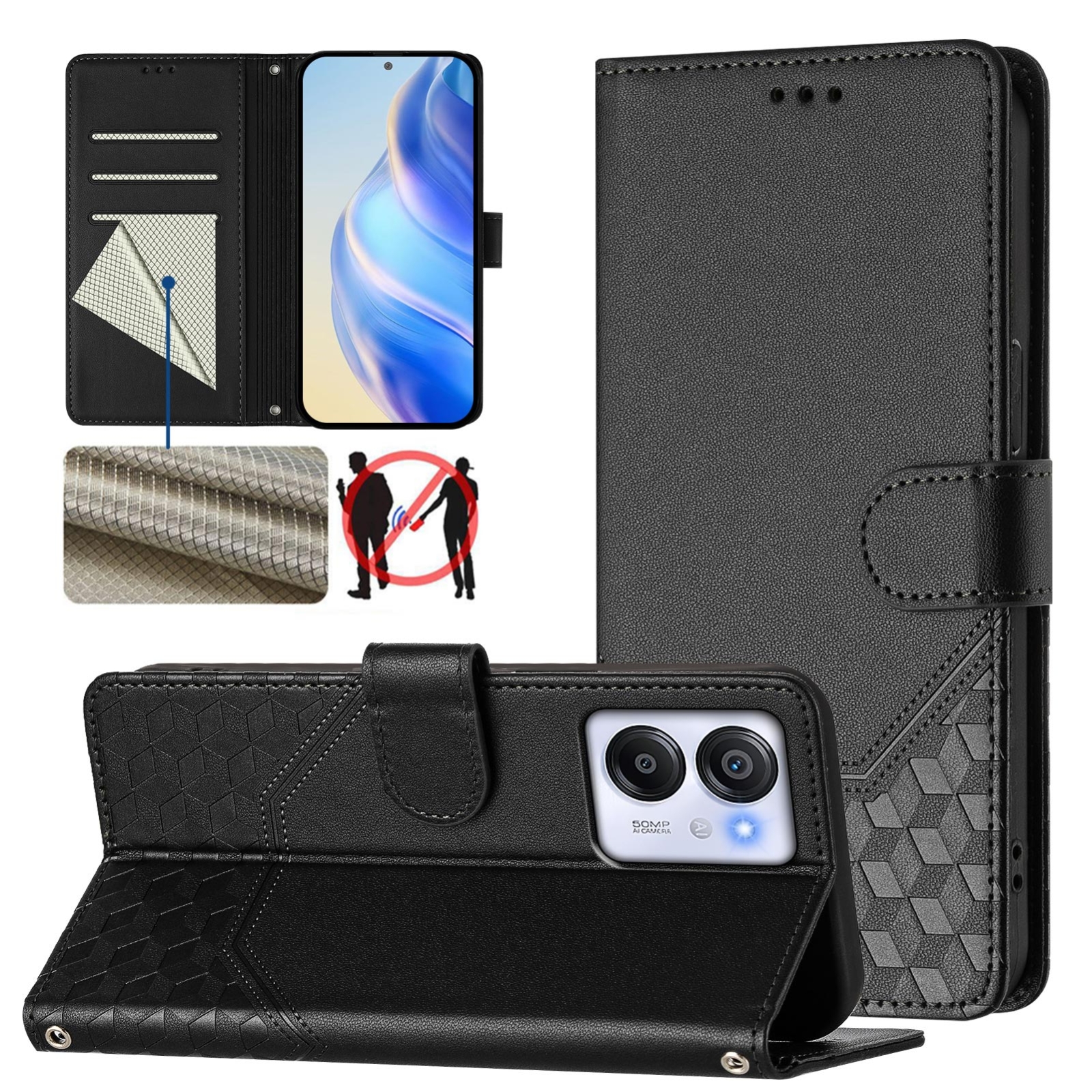 Custodia Cover per Blackview Color 8/Oscal Modern 8,con Protettiva in Vetro Temperato TPU Antiurto PU Pelle Premium Portafoglio Supporto Stand Carta Fessura Magnetica Custodie di Pelle Flip Case Nero