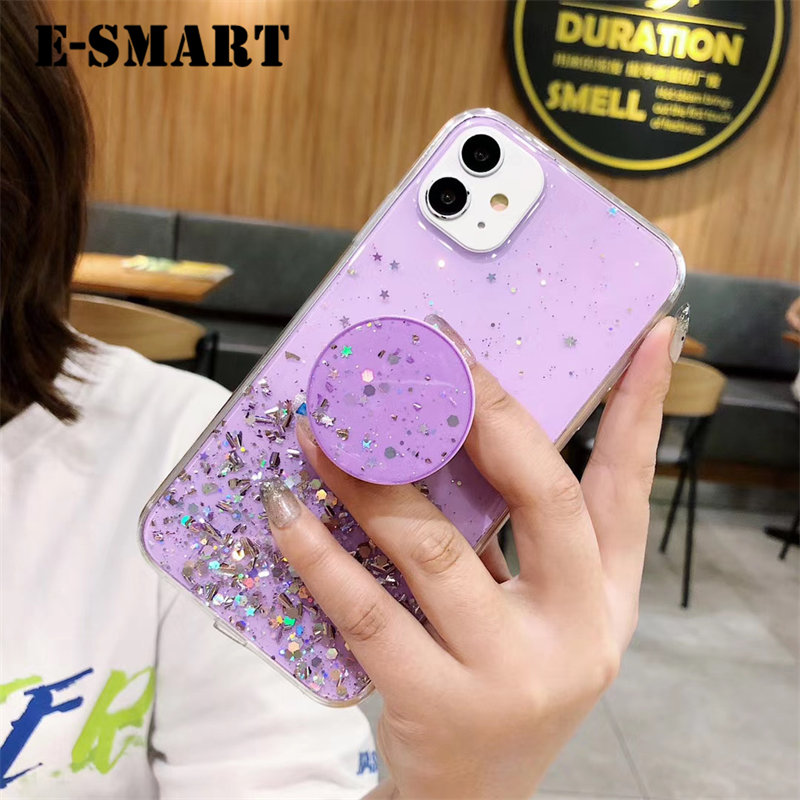 Phone case OPPO A54 Back cover Shiny Ring Glitter Soft Transparent Holder Stand Back cover with String Glitter Space Stars Moon OPPO A54 case. 