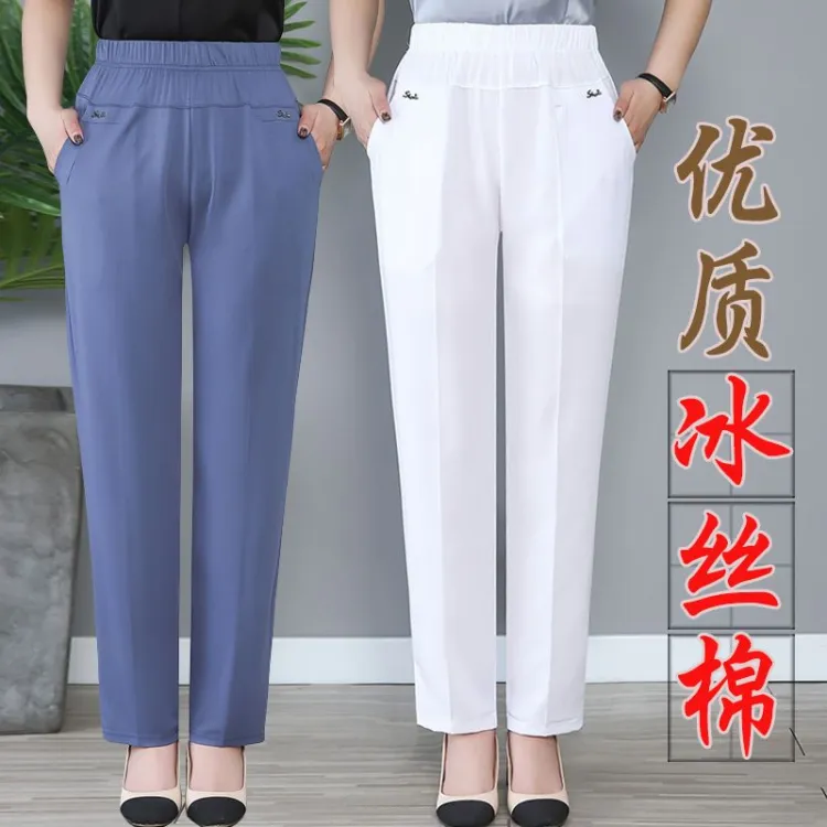 Summer Thin Women's Pants ICE Cotton Mom Pants Middle-Aged and Elderly  Summer Outerwear Straight High Waist Casual Pants Women's Trousers