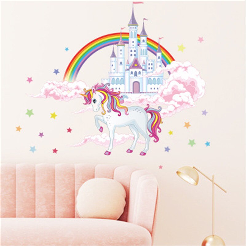 【WEJA】Colorful Rainbow Pink Princess Castle Unicorn Wall Sticker For Girls Kids Bedroom Unicorn Wall Decor Vinyl Mural Decals Muraux. 