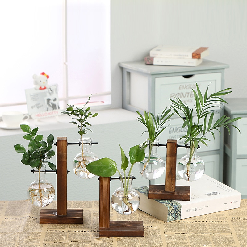 Terrarium Hydroponic Plant Vases Vintage Flower Pot Transparent Vase Wooden Frame Glass Tabletop Plants Home Bonsai Decor. 